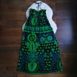 Vintage Betsey Johnson Dark Paisley Clover  Evil Eye Silk Halter Maxi Dress